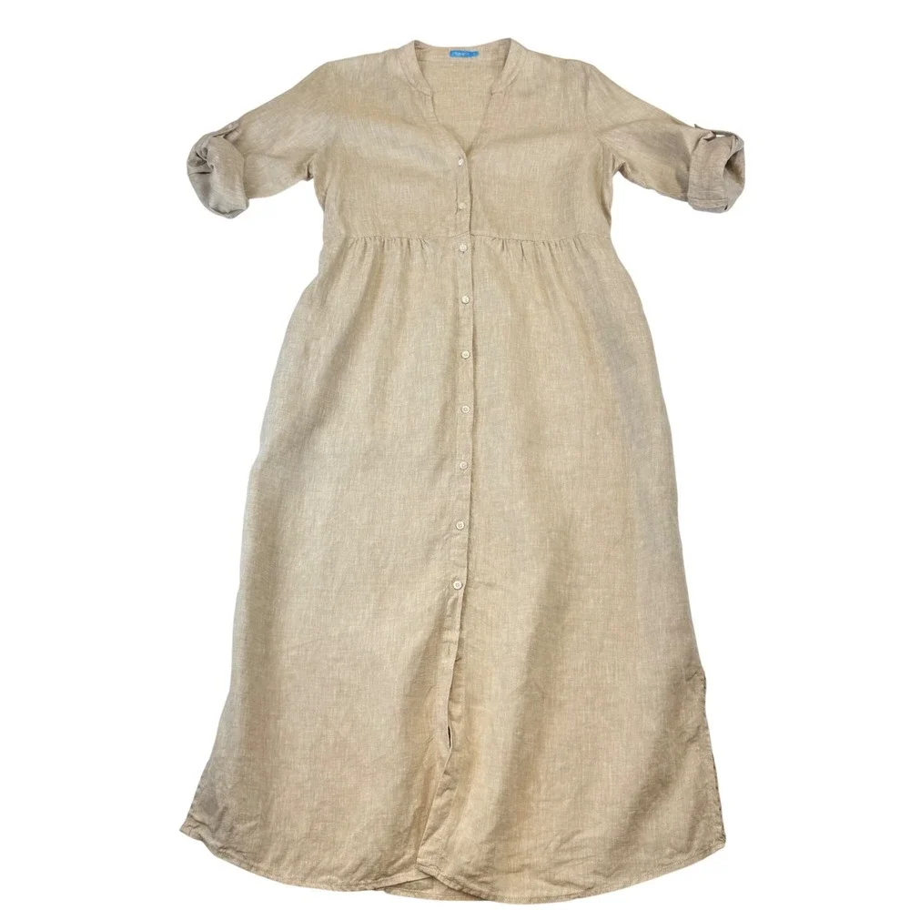 J McLaughlin Large Ceylon Linen Dress V-Neck 3/4 Sleeve Beige Midi Shirt Dress - Picture 2 of 9